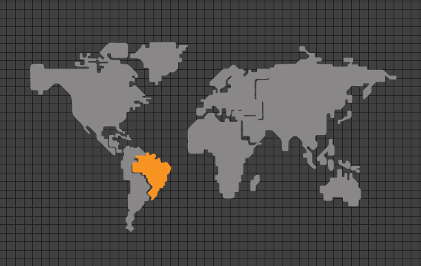 Mapa mundi estilizado com o Brasil na cor laranja