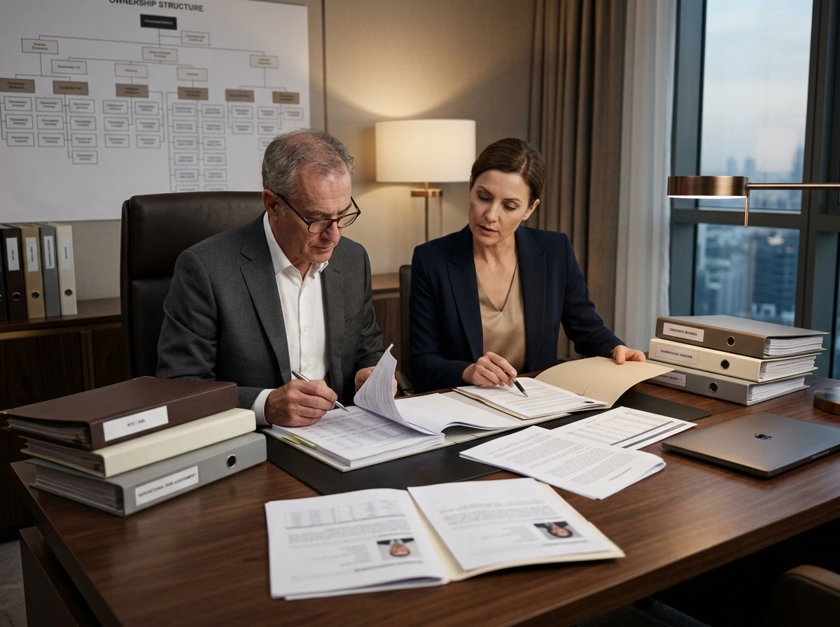 Profissionais analisando empresa, sócios, administradores e documentos em uma due diligence investigativa.