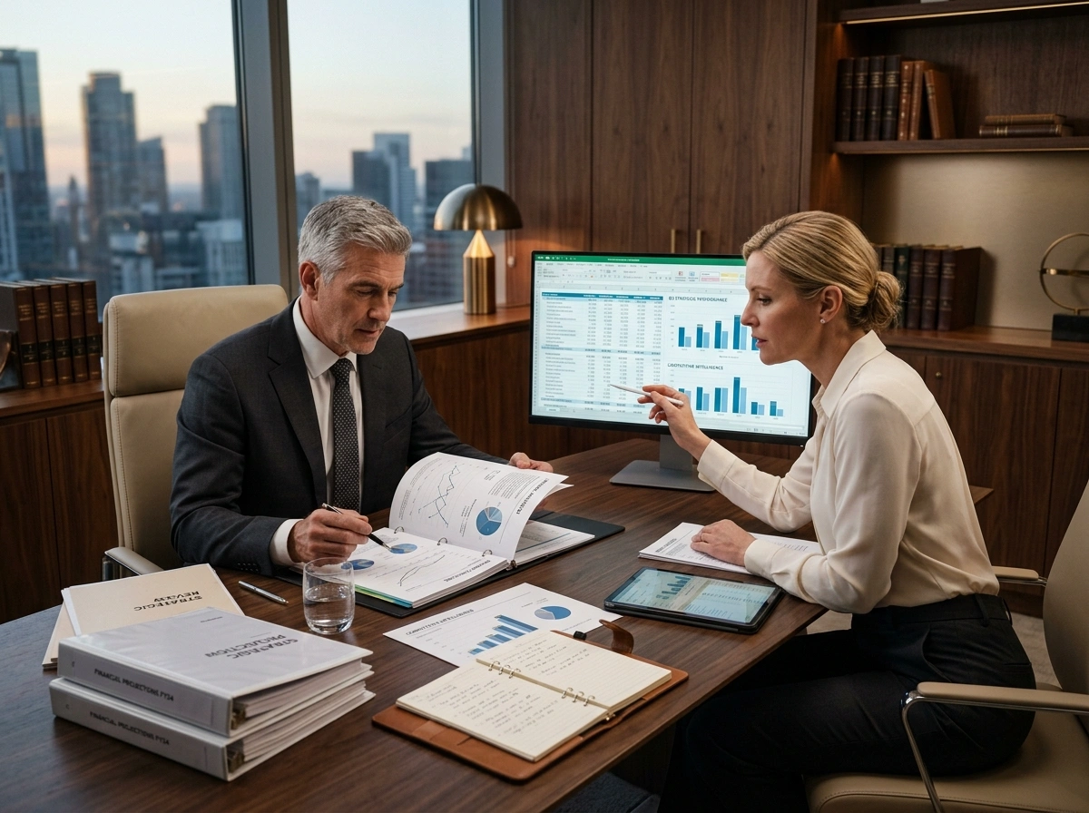 Profissionais analisando relatórios e documentos em contexto de inteligência financeira estratégica.
