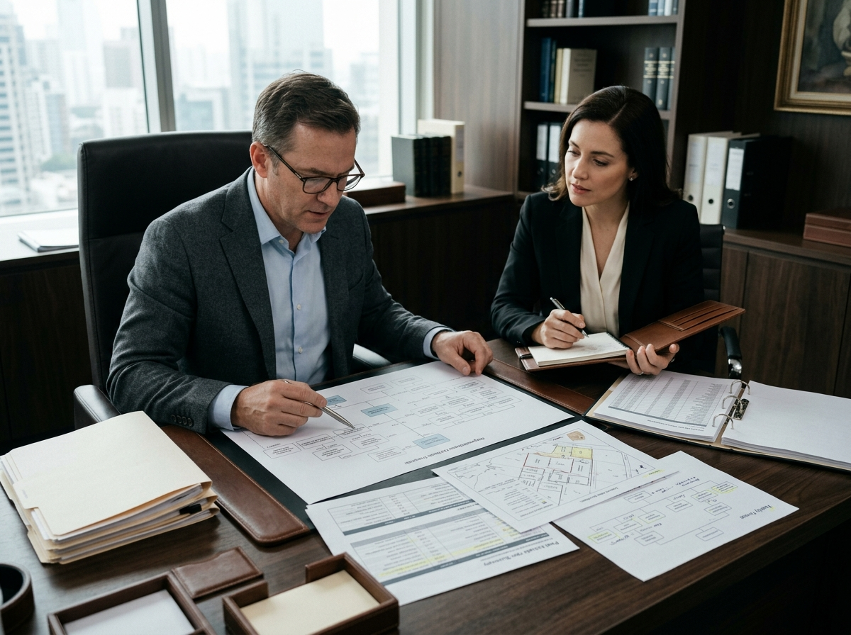 Profissionais analisando documentos patrimoniais e societários em contexto de investigação patrimonial.