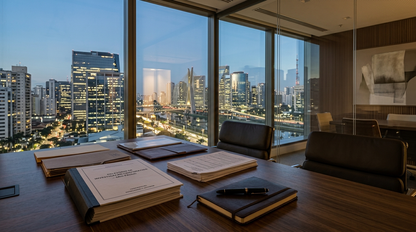 Vista corporativa de São Paulo associada a investigação empresarial.