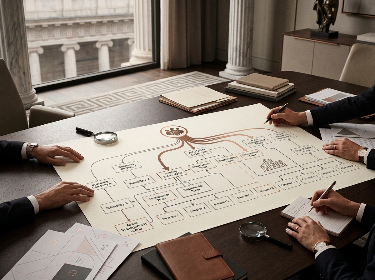 Diagrama de estrutura societária e beneficiário final analisado durante due diligence empresarial.