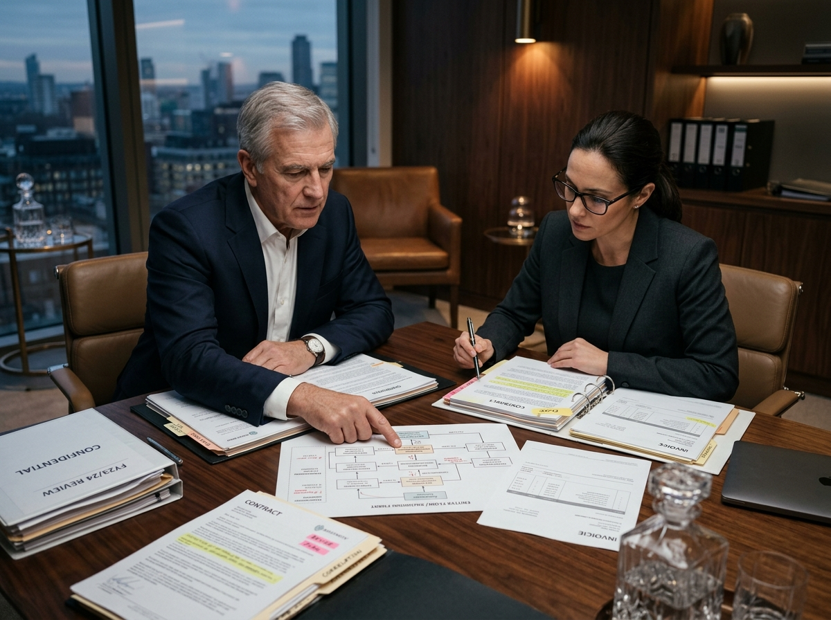 Profissionais analisando documentos corporativos em contexto de investigação de fraude empresarial.