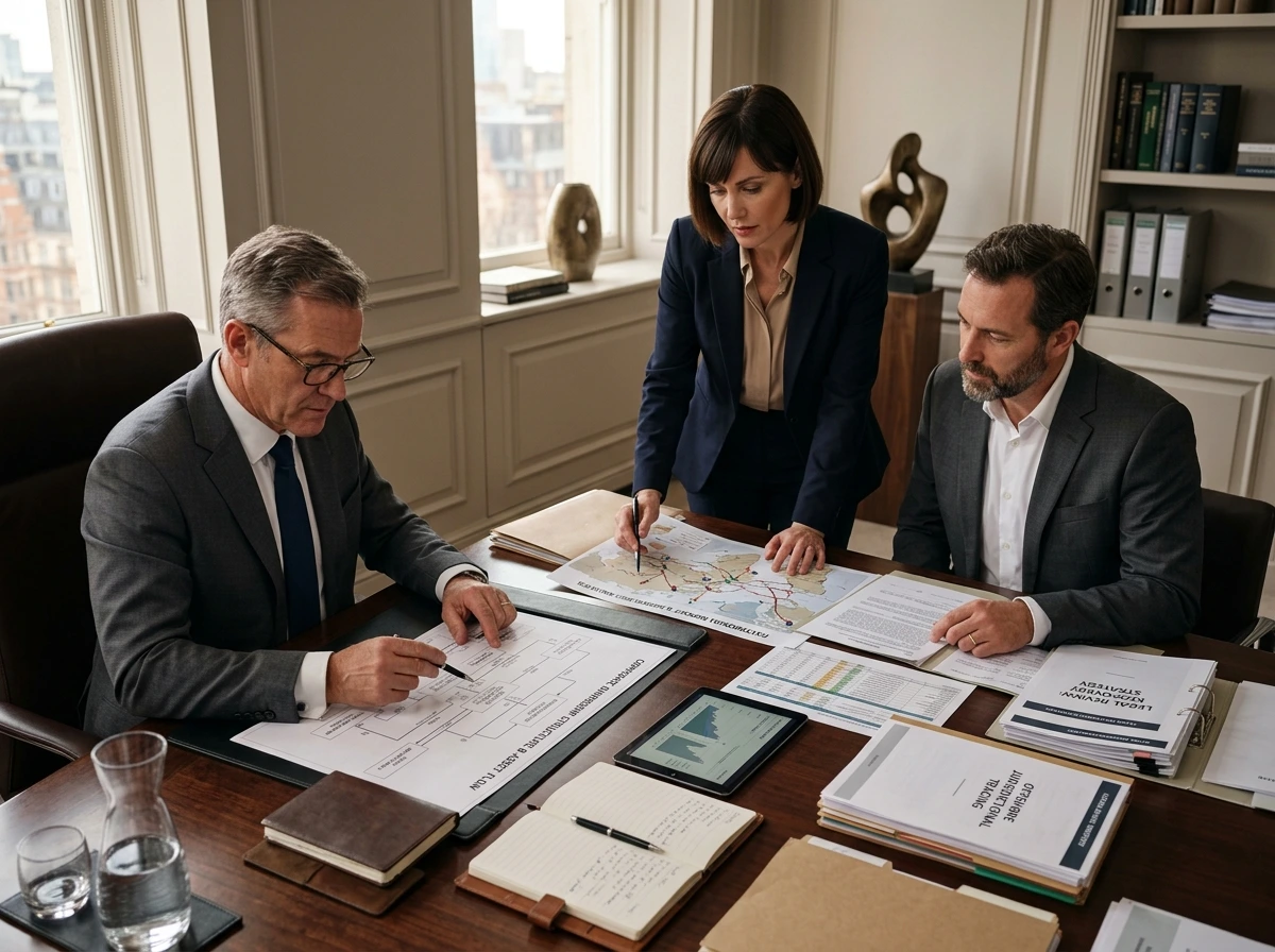 Profissionais analisando documentos patrimoniais e jurídicos em contexto de recuperação de ativos.
