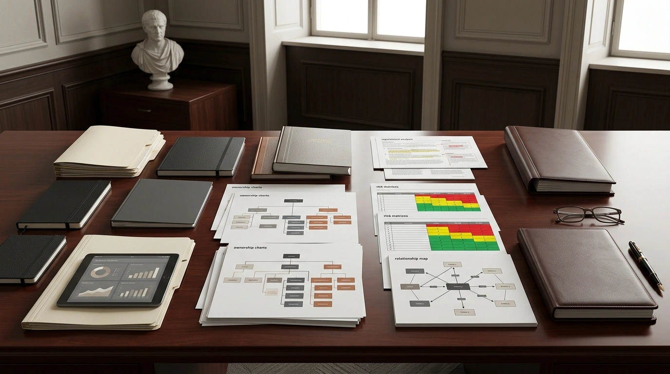 Ambiente executivo com dossiês, matriz de riscos e análise estruturada de due diligence investigativa.