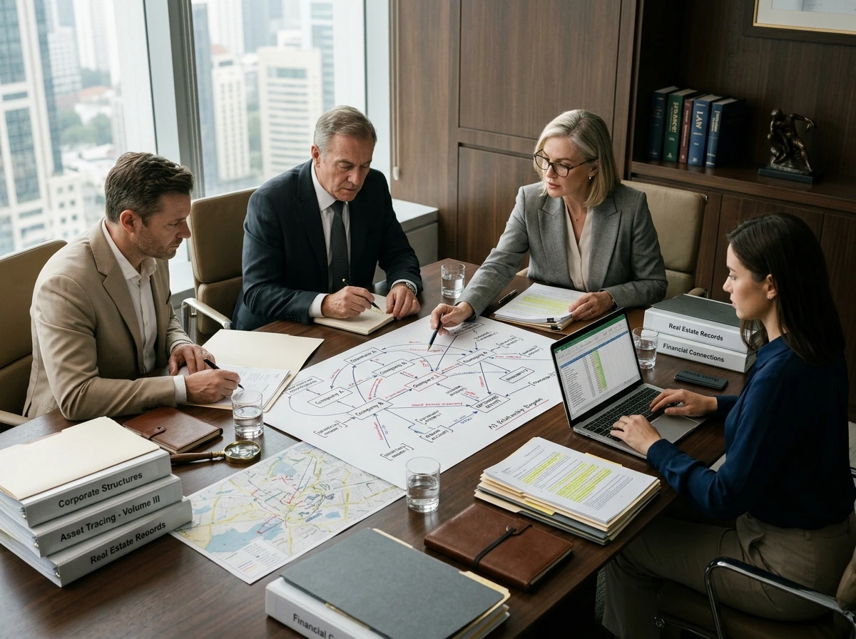 Profissionais analisando estruturas empresariais e patrimoniais em um processo de asset tracing.