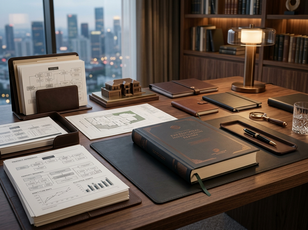 Relatório executivo com documentos patrimoniais e materiais analíticos sobre mesa.