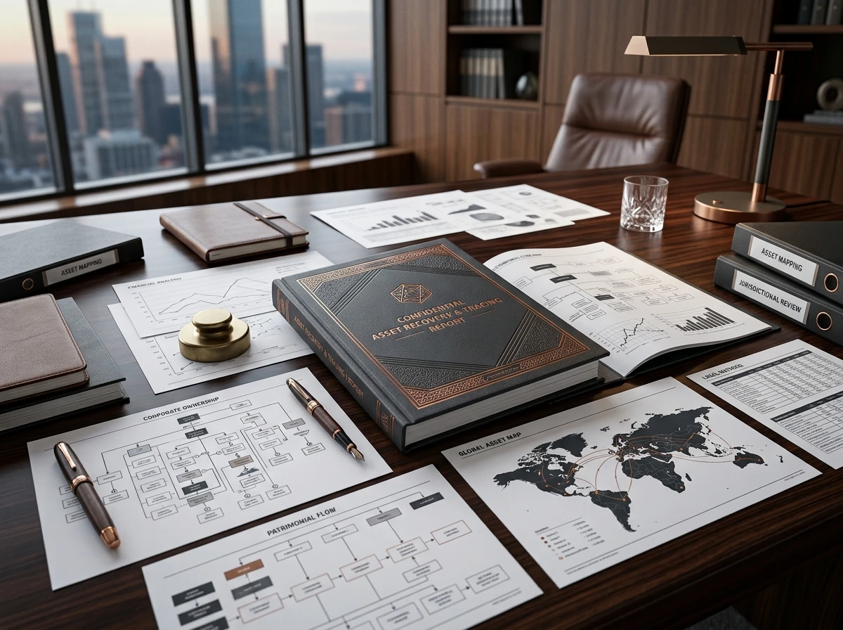 Relatório executivo com documentos, mapas patrimoniais e diagramas representando o resultado de uma recuperação de ativos.