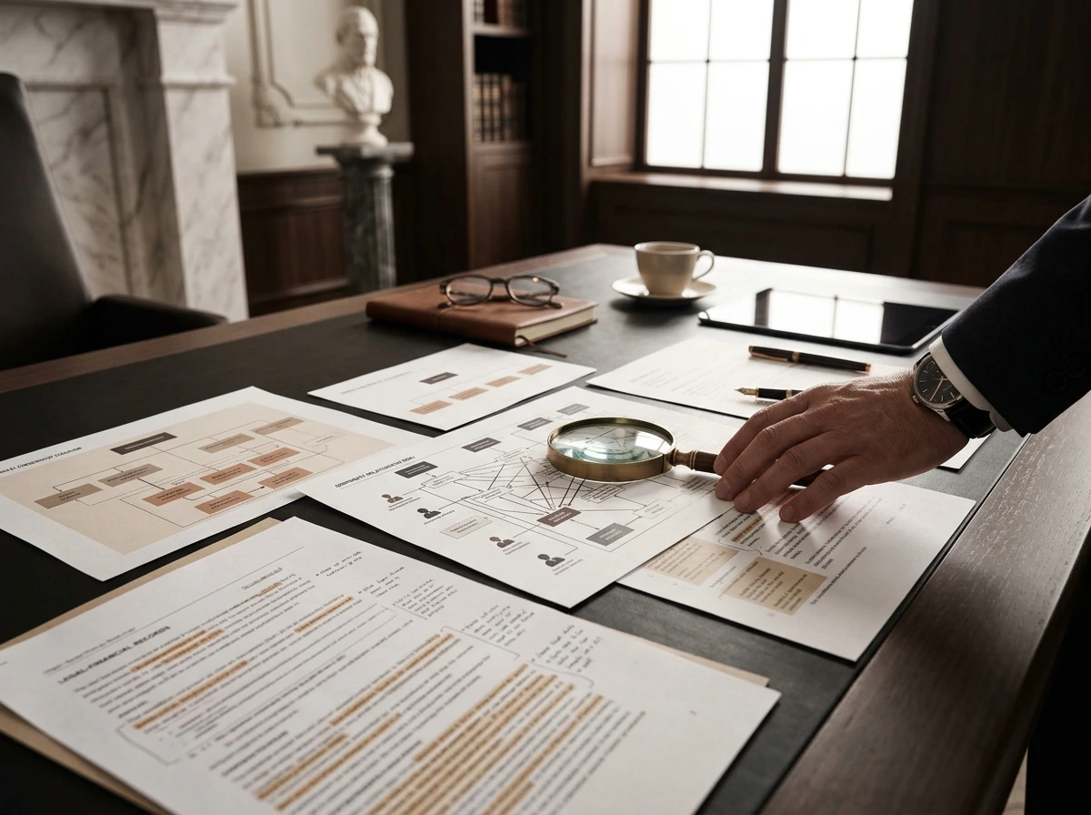 Mesa com diagramas de vínculos entre bens, empresas e pessoas em investigação para recuperação de ativos.