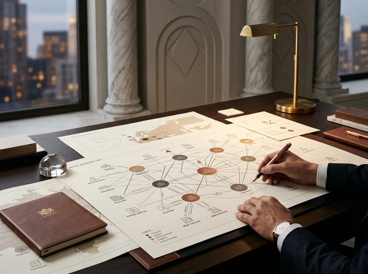 Investigação Corporativa e Empresarial 3 Diagramas conectando empresas, parceiros, operações e exposições em análise de risco corporativo.