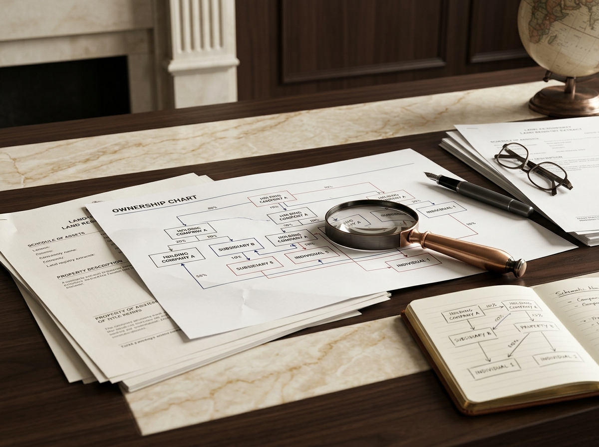 Mesa com diagramas de vínculos entre bens, empresas e pessoas em investigação patrimonial.