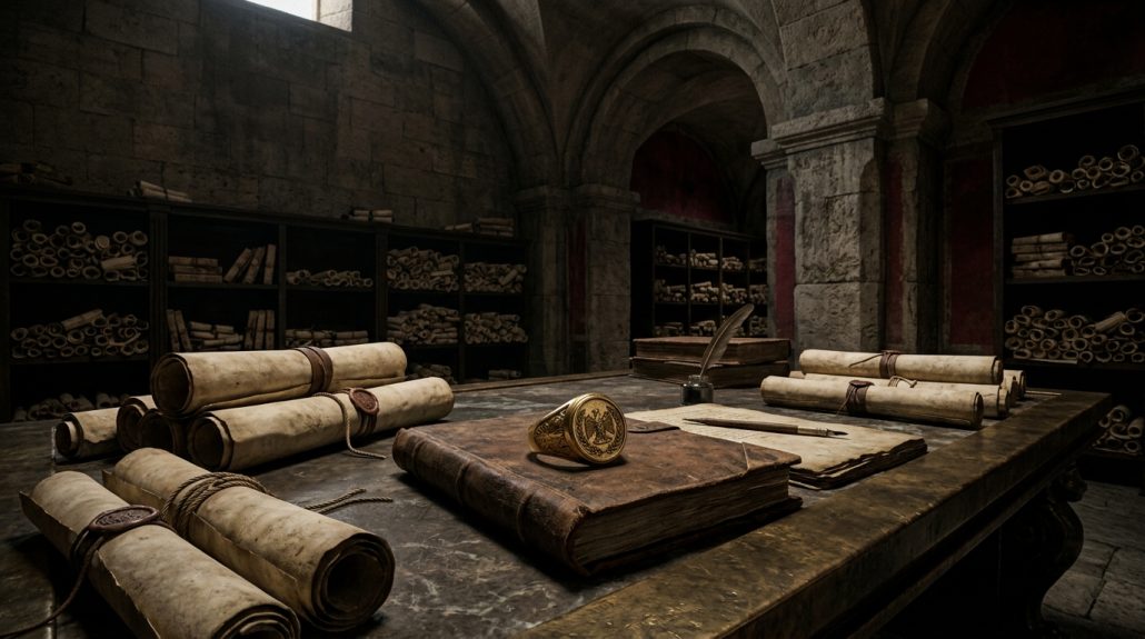 Composição fotorealista de um arquivo da Roma Antiga com pergaminhos e um anel de selo sobre a mesa de bronze, simbolizando a investigação de ativos corporativos e patrimônio.