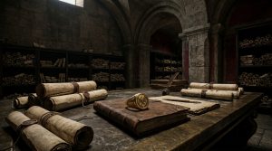Composição fotorealista de um arquivo da Roma Antiga com pergaminhos e um anel de selo sobre a mesa de bronze, simbolizando a investigação de ativos corporativos e patrimônio.