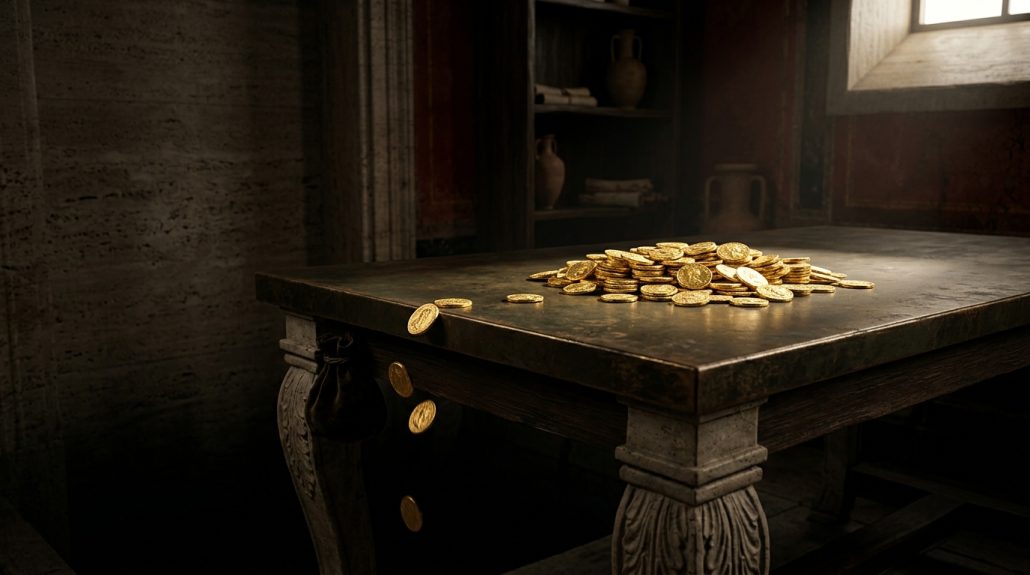 Imagem fotorealista da Roma Antiga exibindo moedas de ouro acumuladas numa rica mesa de mármore e bronze sob luz, enquanto outras moedas caem secretamente para a escuridão absoluta abaixo dela, simbolizando desvio financeiro empresarial furtivo.