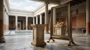 Imagem fotorealista e luminosa da Roma Antiga exibindo um grande baú de bronze e mármore vazio em primeiro plano, enquanto ferramentas de análise apontam para um fundo falso na parede de mármore cheio de barras de ouro empilhadas. Representa esvaziamento patrimonial.