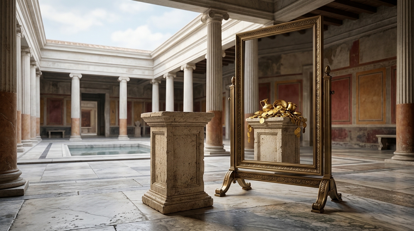 Imagem fotorealista e luminosa da Roma Antiga exibindo um grande baú de bronze e mármore vazio em primeiro plano, enquanto ferramentas de análise apontam para um fundo falso na parede de mármore cheio de barras de ouro empilhadas. Representa esvaziamento patrimonial.